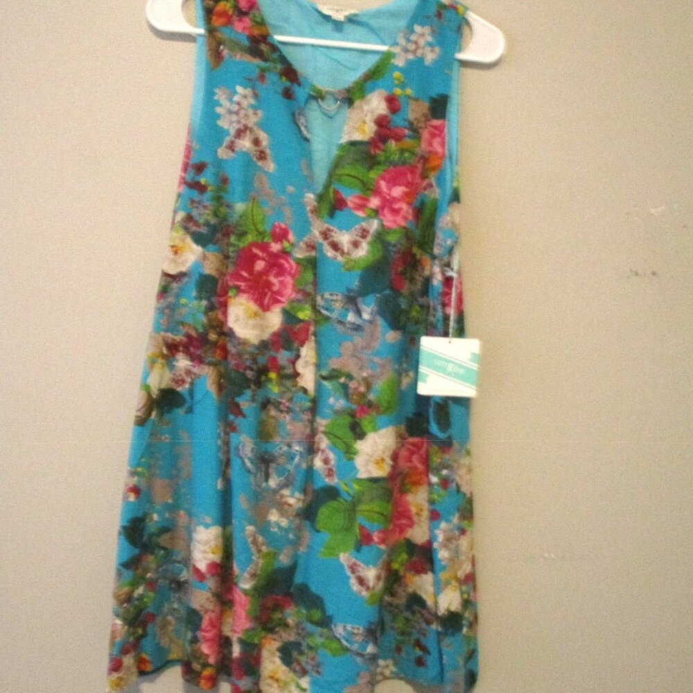 Umgee Dress Blue Floral Butterfly Keyhole Neck Swing Babydoll Size L Boho Preppy - Picture 6 of 7